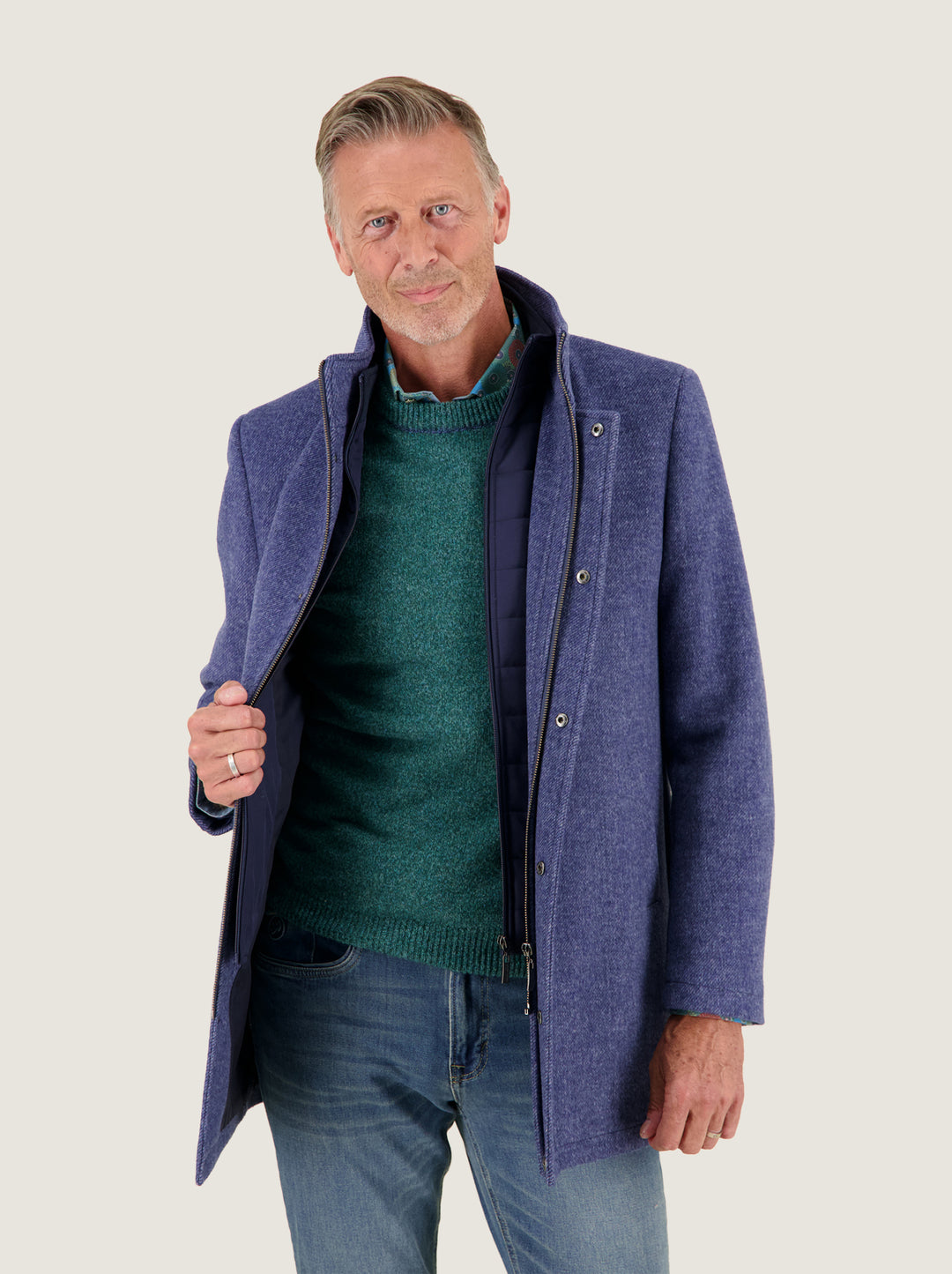 A Fish Named Fred Funnel Neck Coat in Jeans Blue, worn by model with zip open