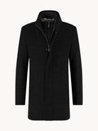 A Fish Named Fred Funnel Neck Coat in black, front view