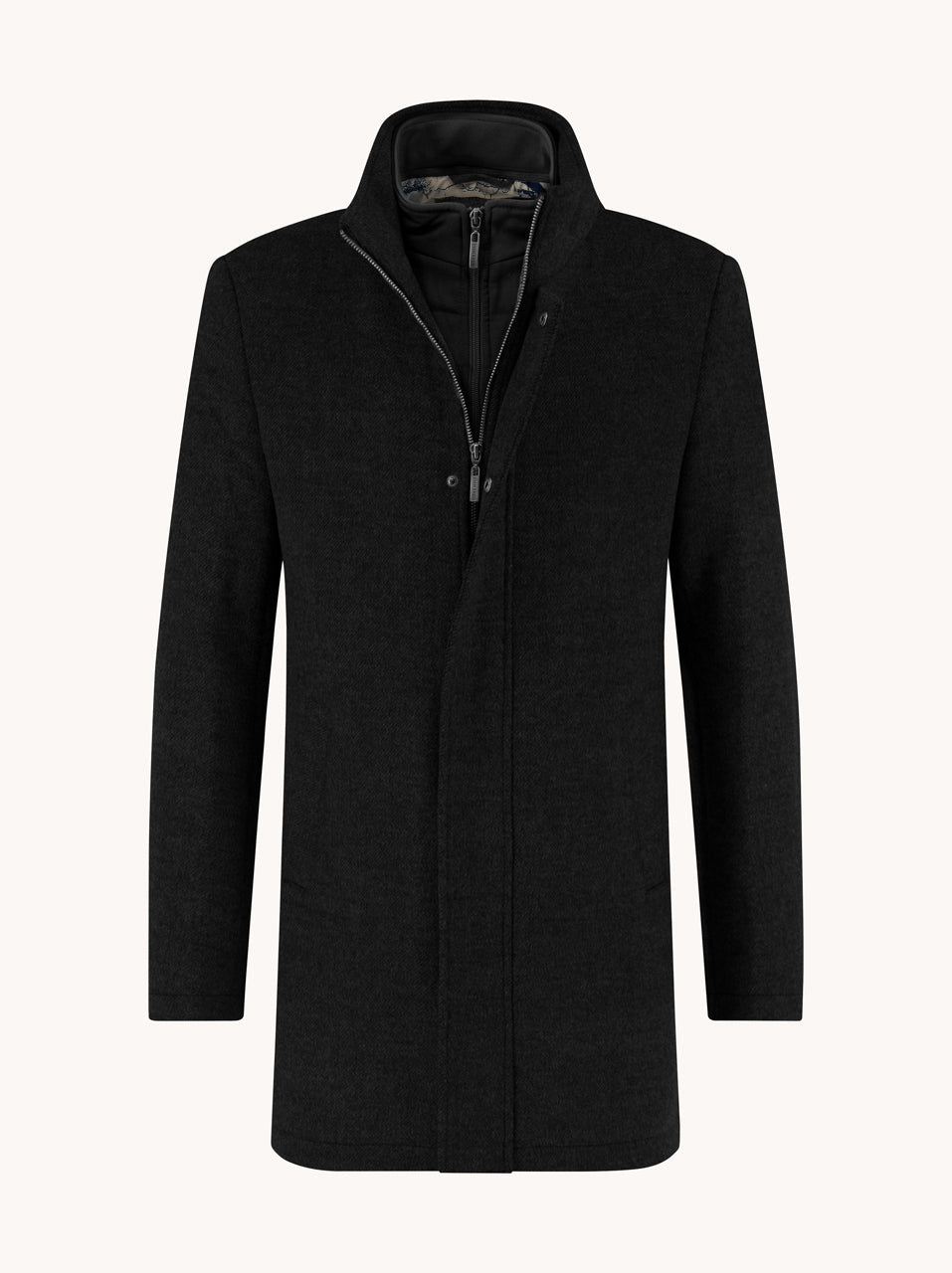 A Fish Named Fred Funnel Neck Coat in black, front view