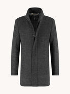A Fish Named Fred Funnel Neck Coat in dark grey, front view