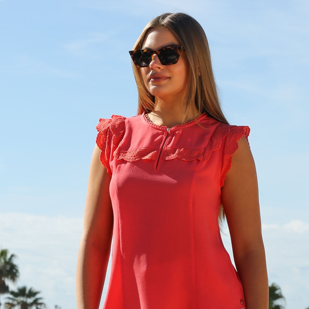 Ladies Dora Top - Coral-Closer View of Front