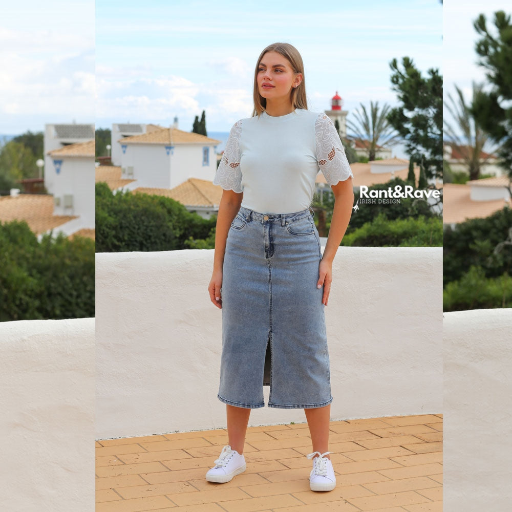 Maria Ice Blue Denim Skirt-Front view