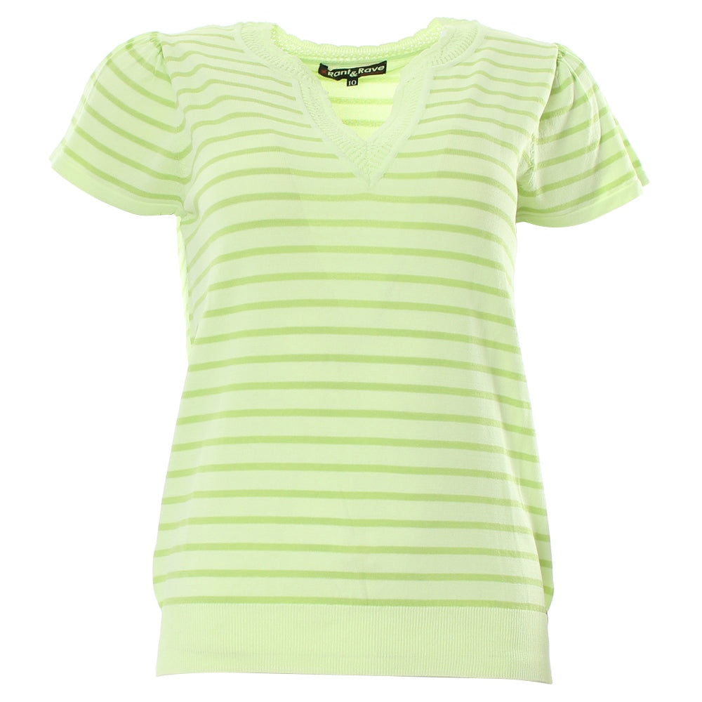 Ladies Eden Lime Stripe Short Sleeve Knitted Top-Front View