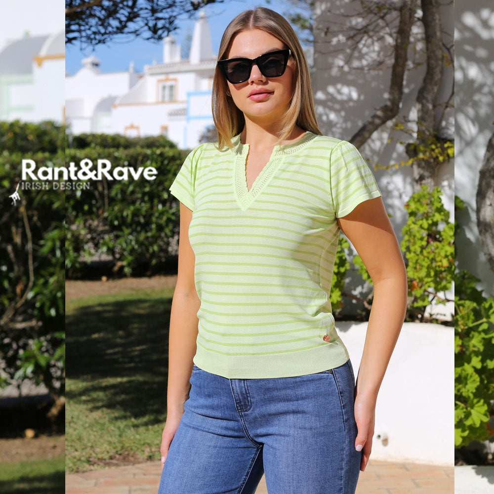 Ladies Eden Lime Stripe Short Sleeve Knitted Top-Model Front View