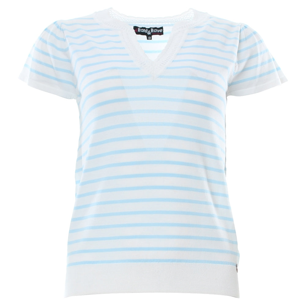 Ladies Eden Sky Blue Stripe Short Sleeve Knitted Top-Front View