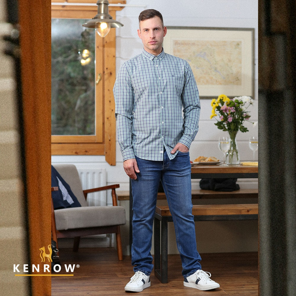 Men's Indulge in the timeless style and unbeatable comfort of the Ted Check Shirt, brought to you by Kenrow Menswear-Model Full Front View