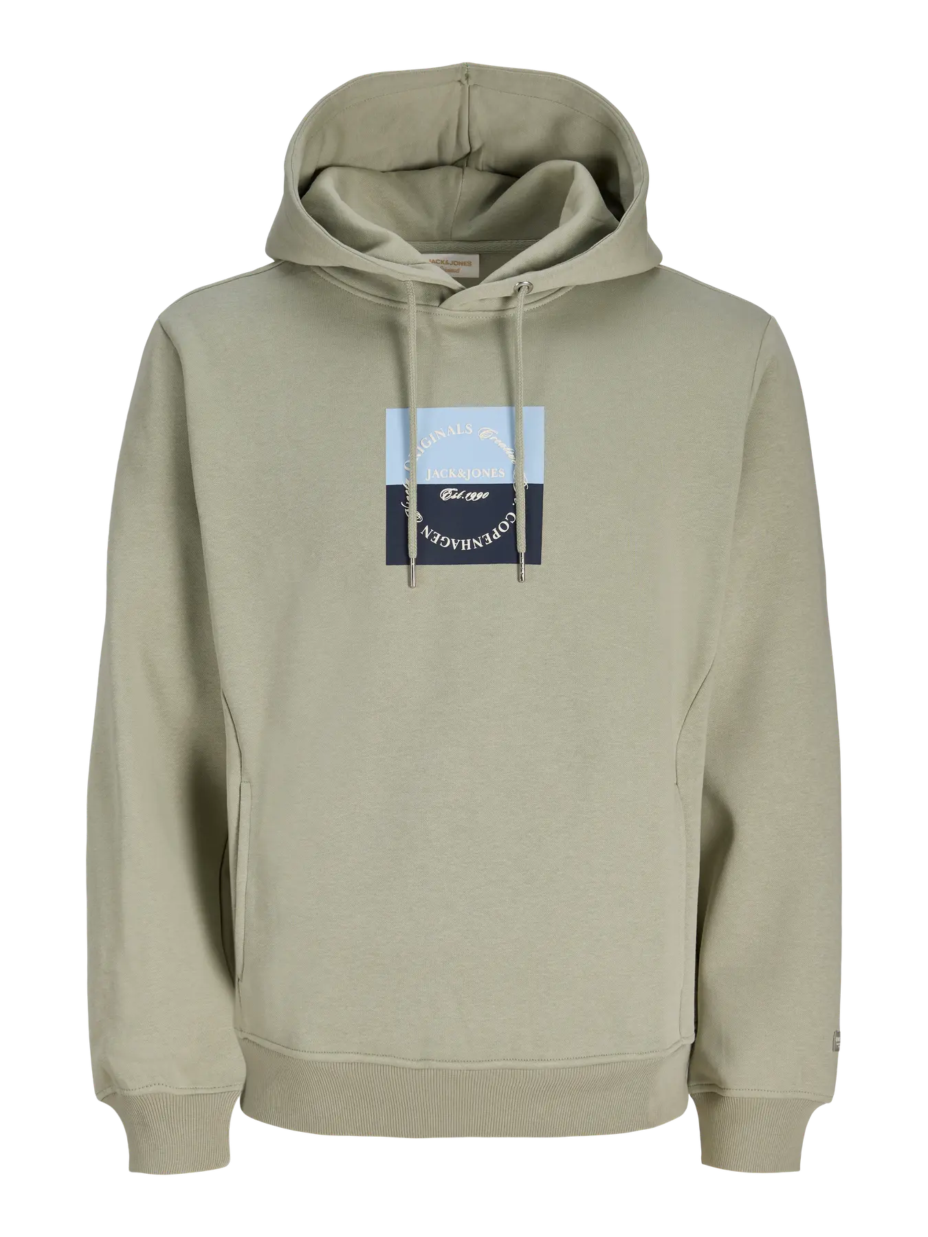 Beige hoodie with a logo on the chest against a white background