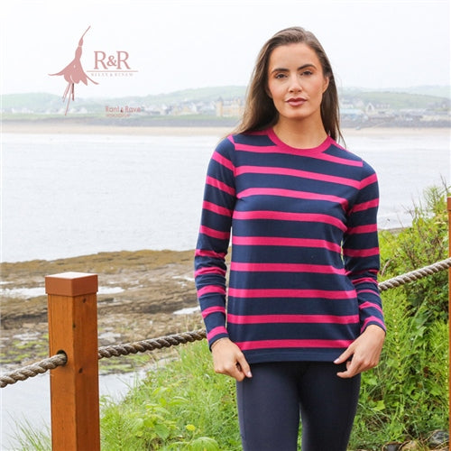 Ladies Relax & Renew Demelza Long Sleeve Tee - Navy/Cerise-Model Front View