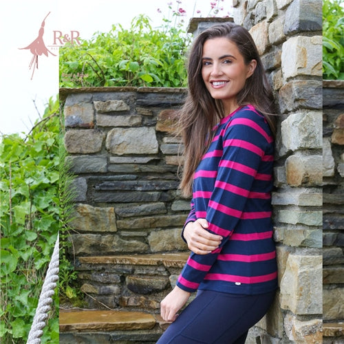 Ladies Relax & Renew Demelza Long Sleeve Tee - Navy/Cerise-Side View