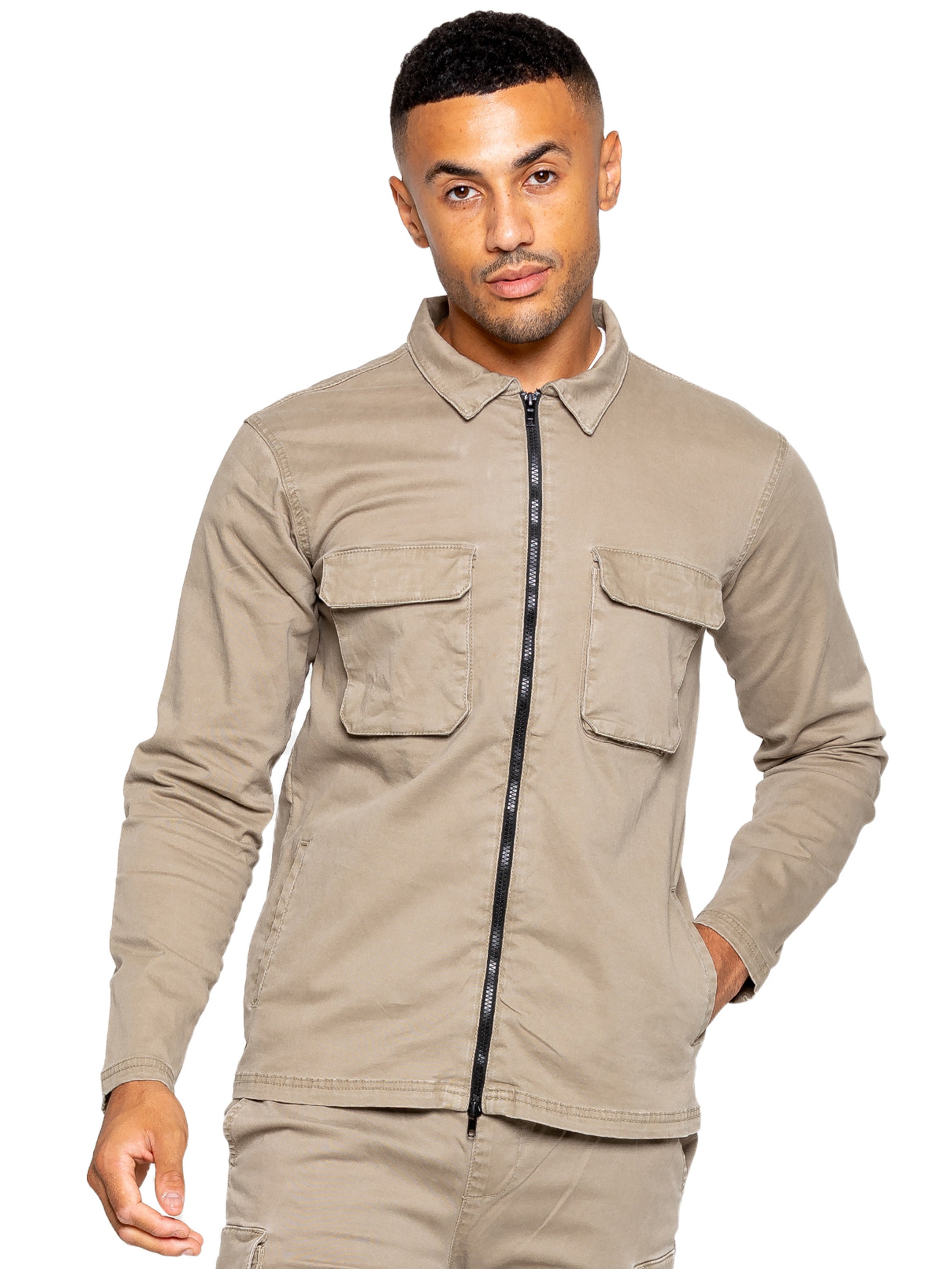 Nova Beige Cargo Overshirt Jacket-Front view