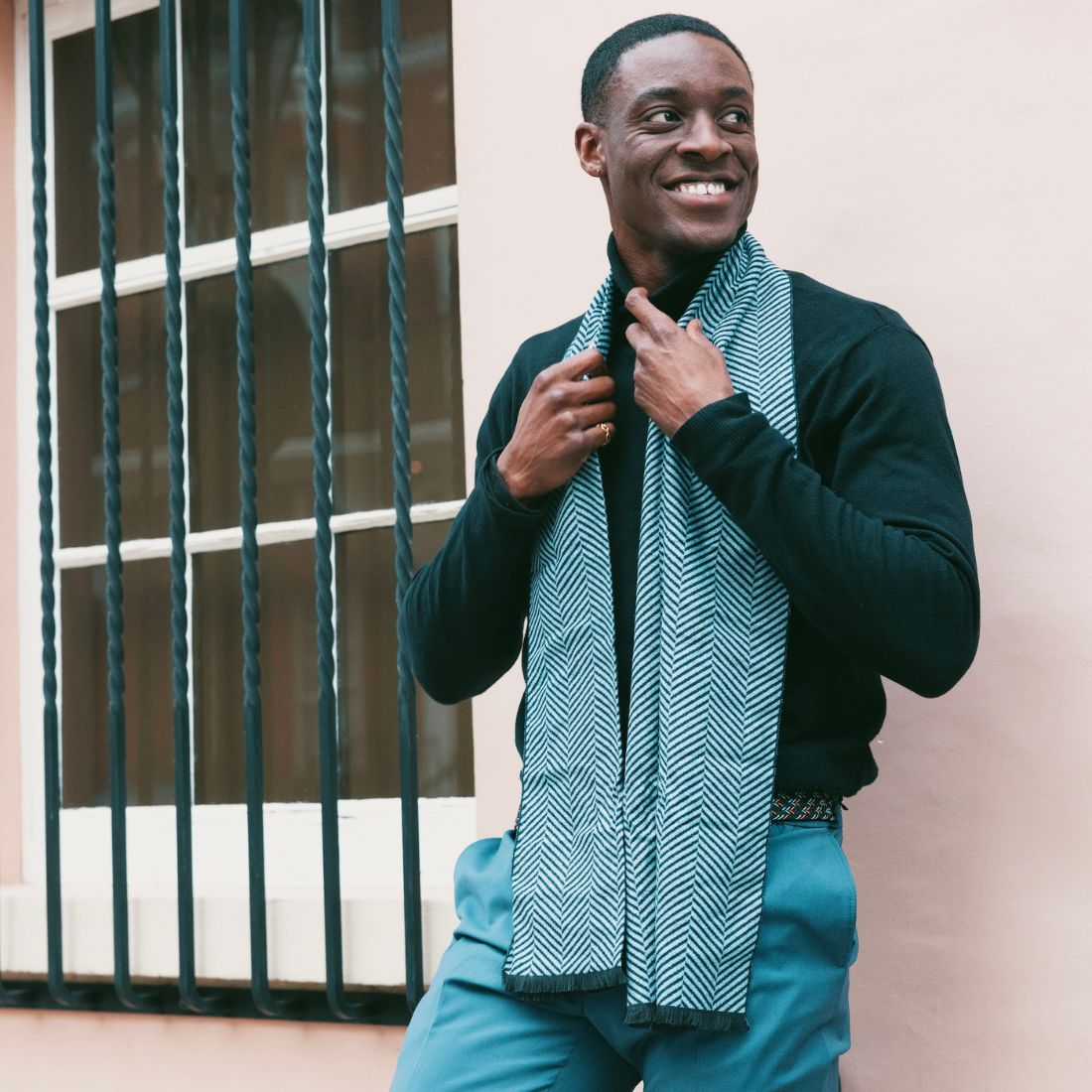 Man wearing Light Blue/Navy Herringbone Scarf