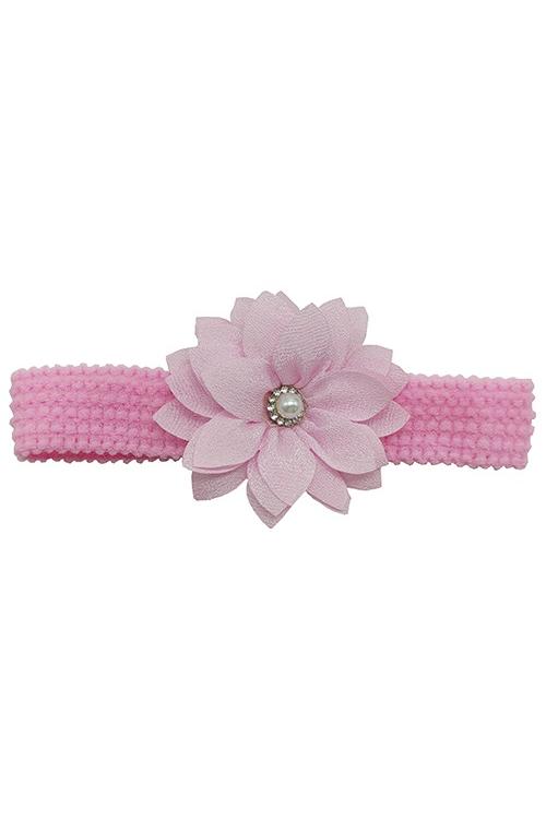 Girl's Pink Web Hairband with Flower-Front View