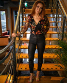 Girl In Mind Eva Blush Floral Sequin Wrap Bodysuit BLACK model front view
