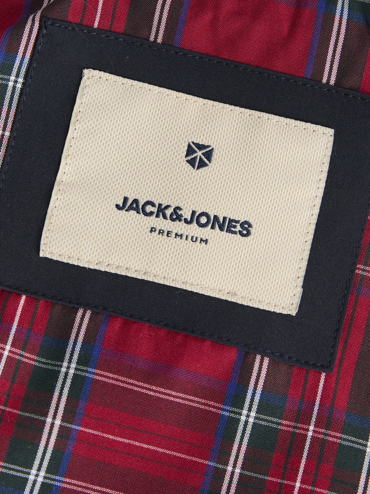 Jack & Jones Premium label on a plaid fabric background