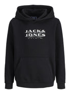 Jack Jones Youths Fusion Sweat JJ Branding Junior Boy Black Hoodie Black front view