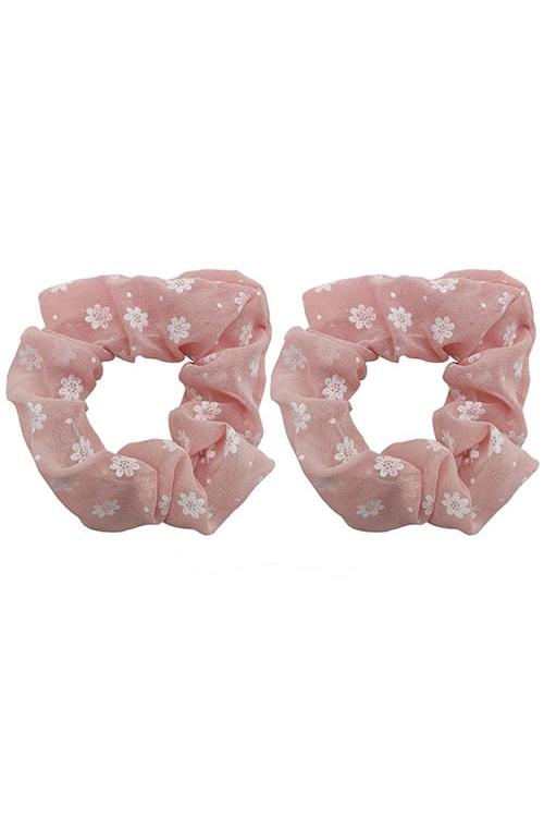 Girl's Pink 2 Pack Floral Scrunchie-Front View
