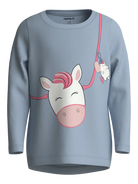 A kids' long-sleeve crewneck sweatshirt in dusty blue, featuring a cartoon graphic of a white horse with pink hair and a pink snout, hanging from a pink strap with a small white dog charm.