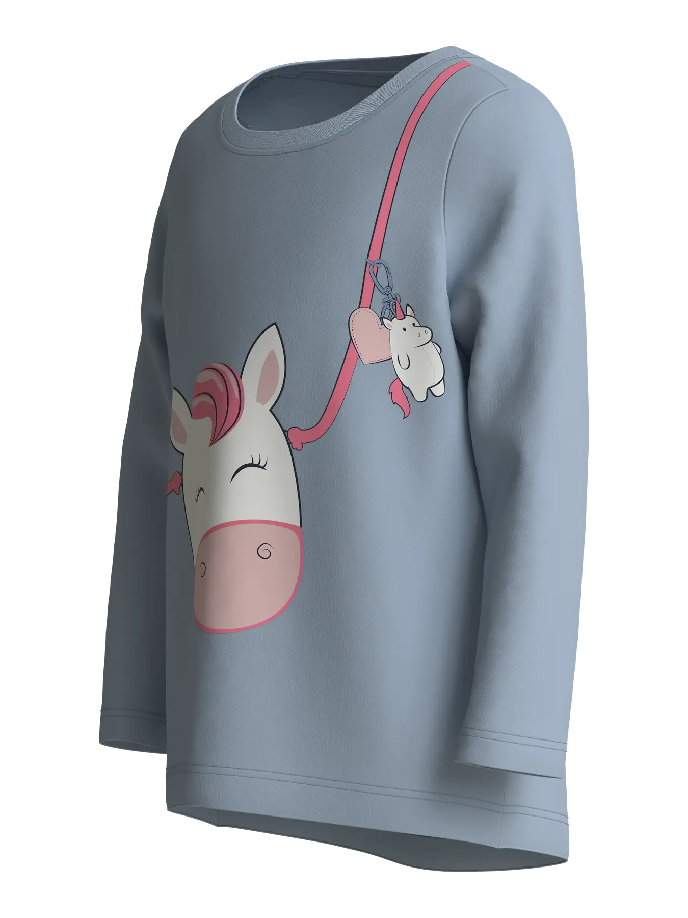 A light blue long-sleeve children's top featuring a cartoon horse and pink strap graphic on the front, displayed against a solid white background.