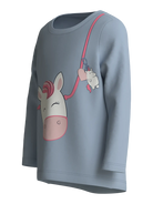 A light blue long-sleeve children's top featuring a cartoon horse and pink strap graphic on the front, displayed against a solid white background.