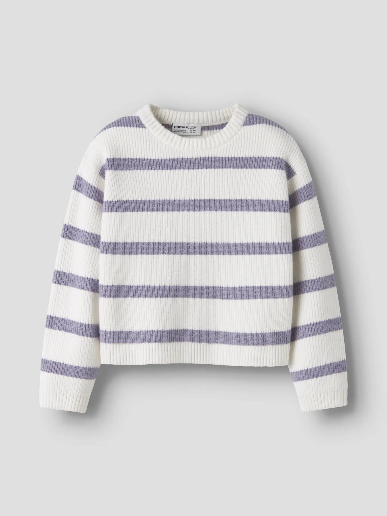 White sweater with purple stripes on a light gray background