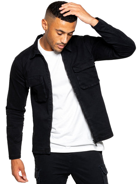 Nova Black Cargo Overshirt Jacket-Zip open view