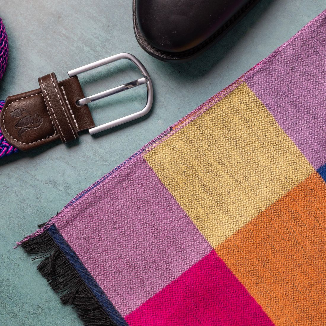 Multi Check Bamboo Scarf with a belt and shoe