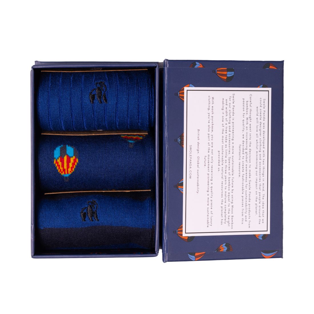 Swole Panda Sock Gift Box - 3 Pairs - Hot Air Balloon Box Blue model front view