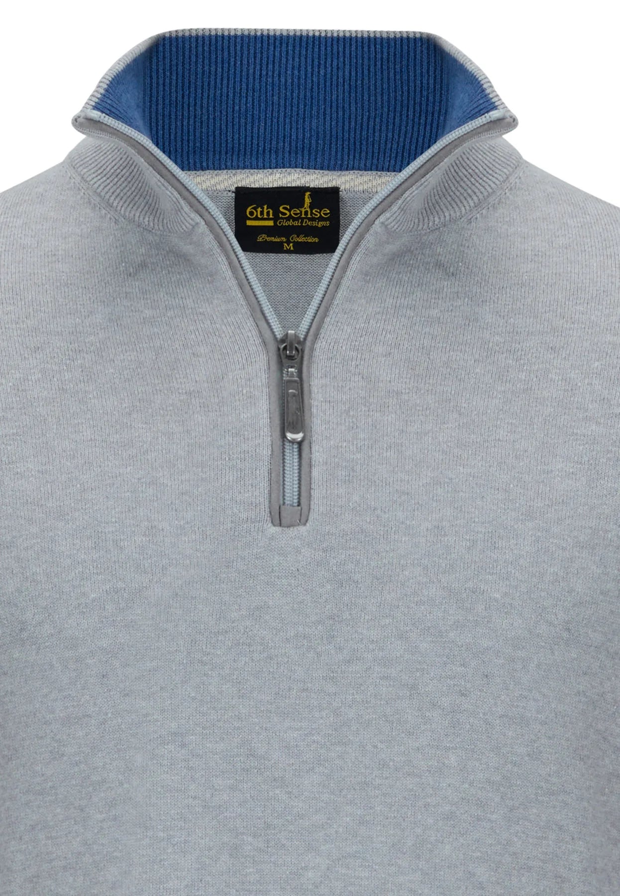 Harry alloy 1/4 zip knit with blue ribbed collar and 6th Sense logo on a white background