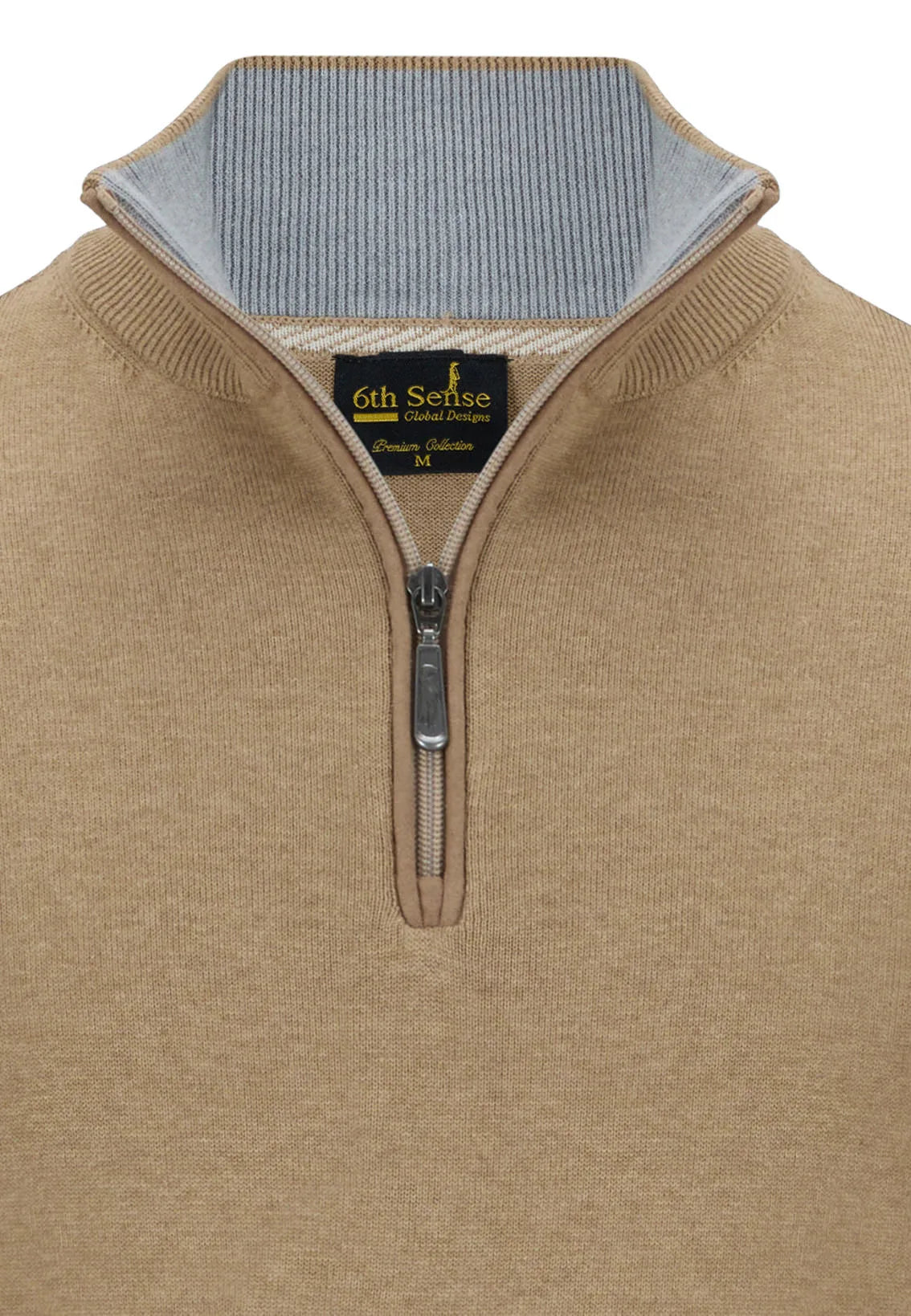 Close-up of Harry camel 1/4 zip knit with a zipper and textured collar, featuring '6th Sense' branding.