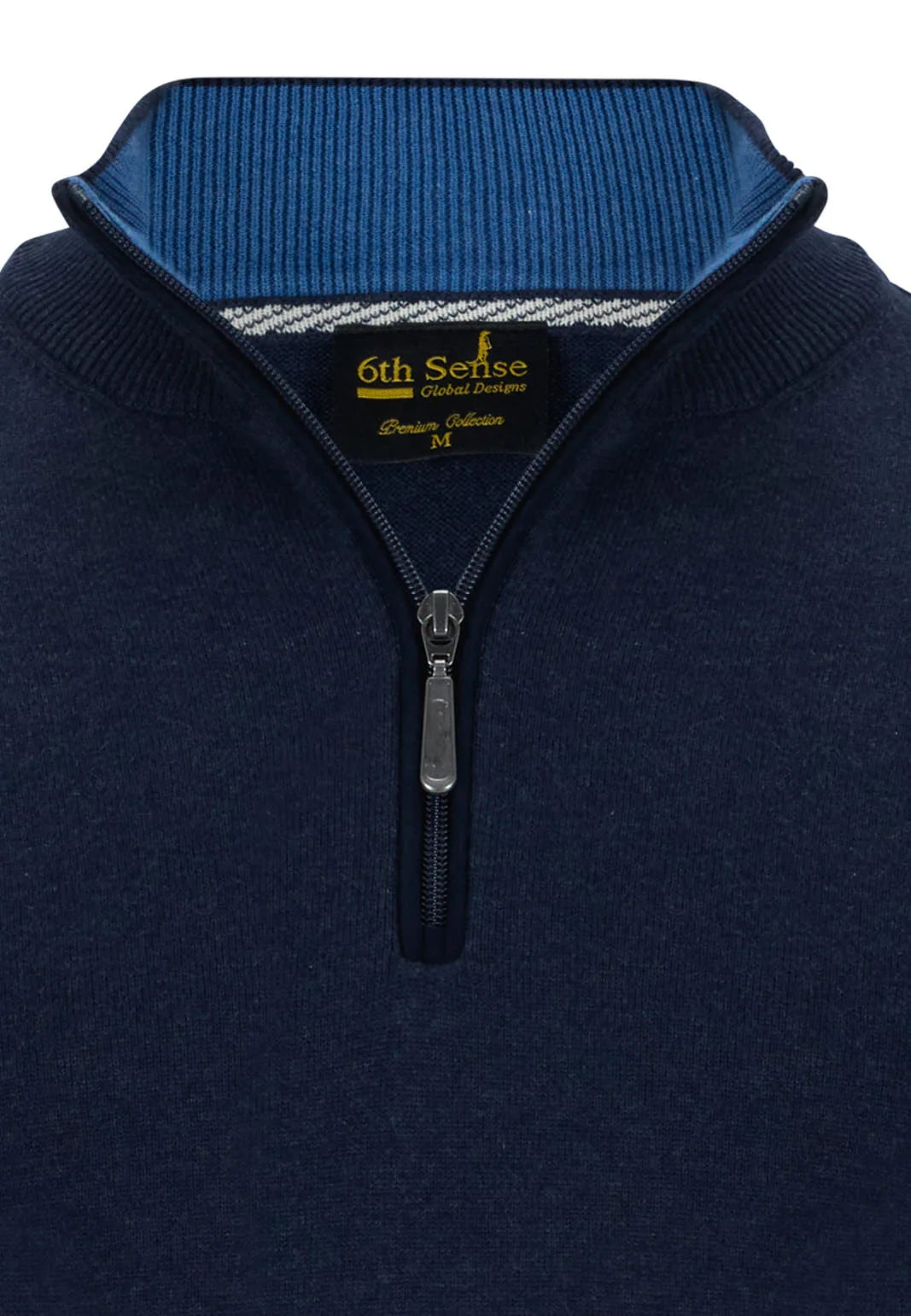 Navy blue sweater with a zipper and '6th Sense' brand logo on a white background