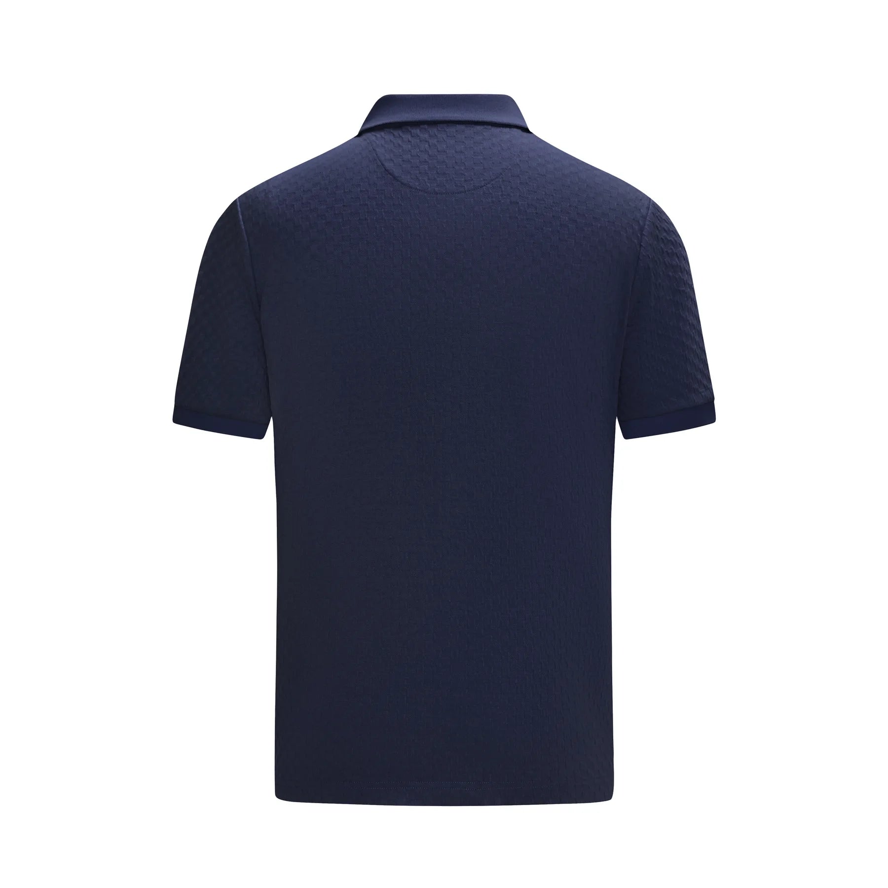 Navy blue polo shirt on a white background back view