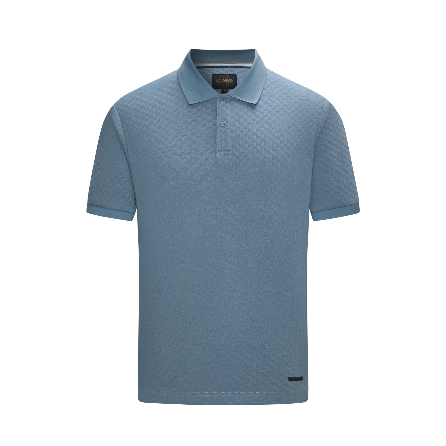 Blue textured polo shirt on a white background