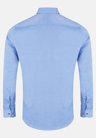 6th Sense Ocean Lyocell long sleeve shirt in blue, back view with yoke and buttoned cuffs