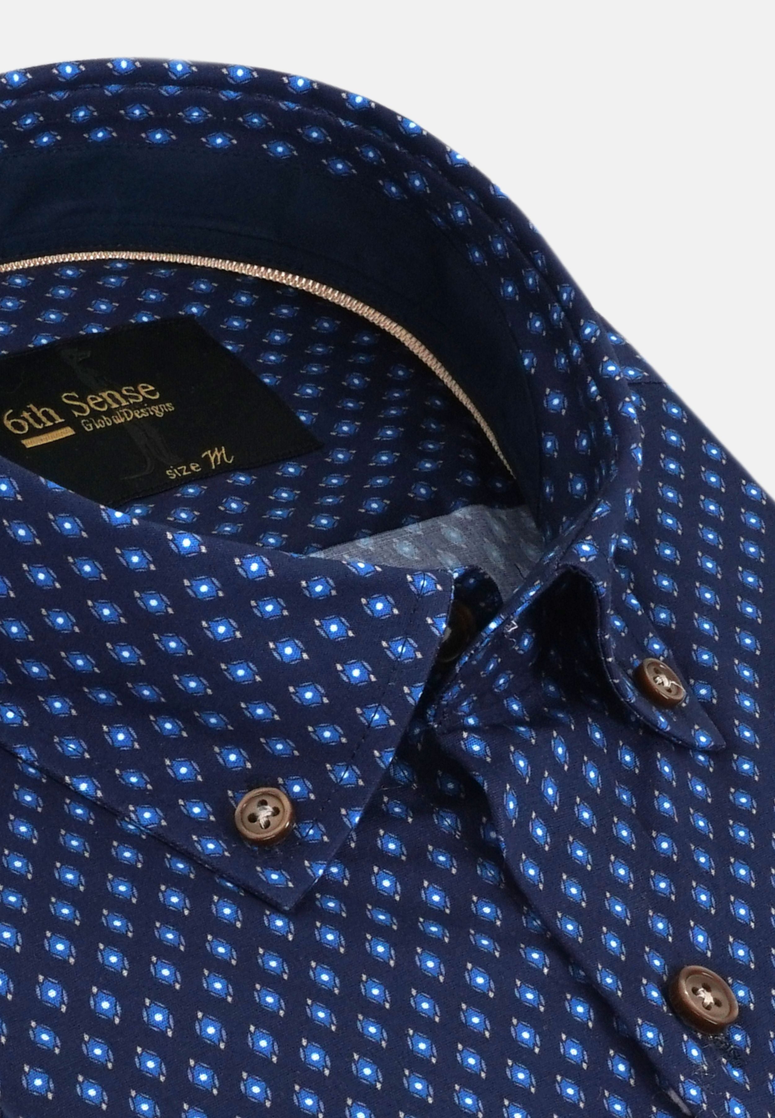 Men's Button Down Navy/Blue Circle Print Shirt-Collar View