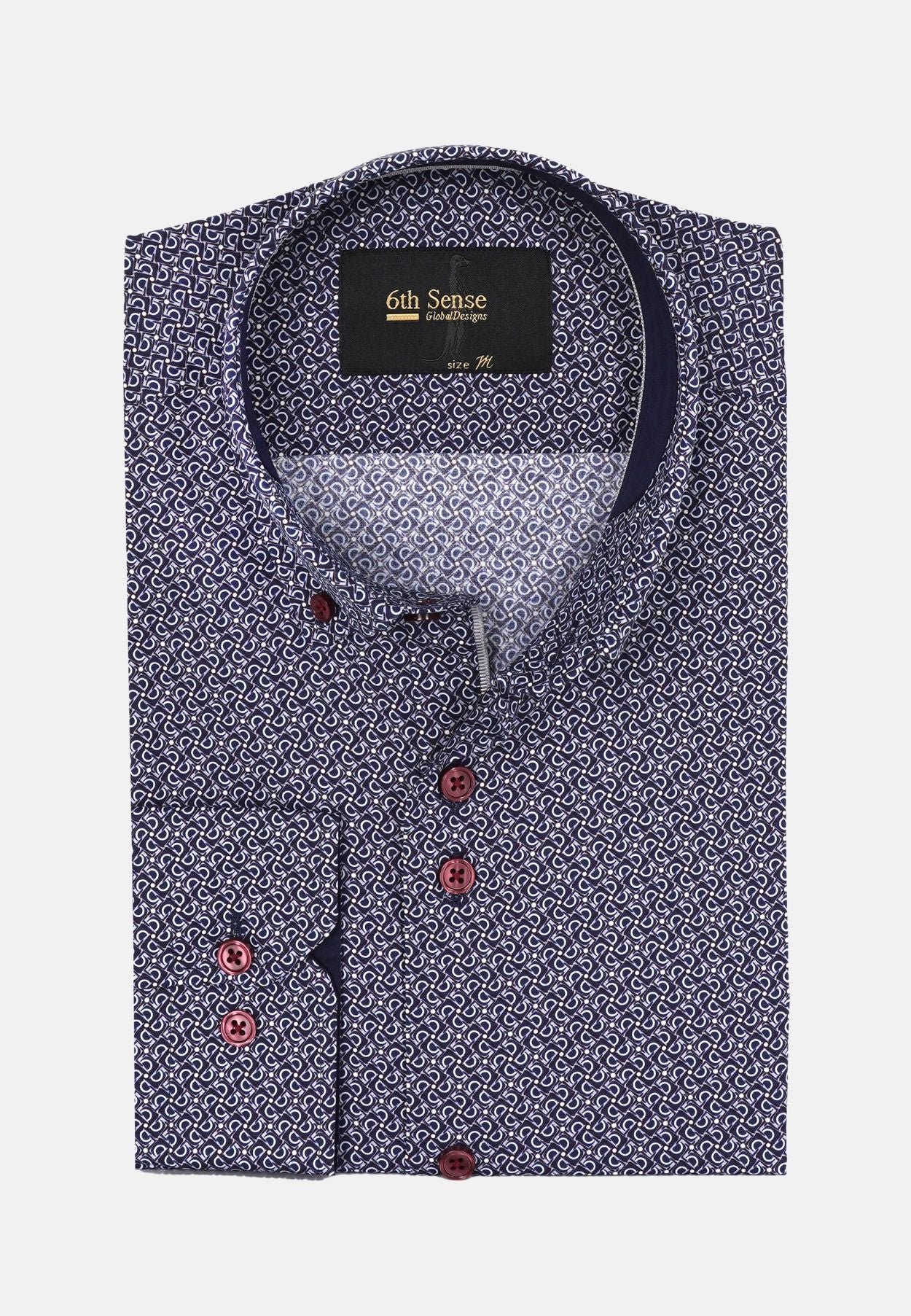 Men's Button Down Navy/Burgundy Print Shirt-Front View