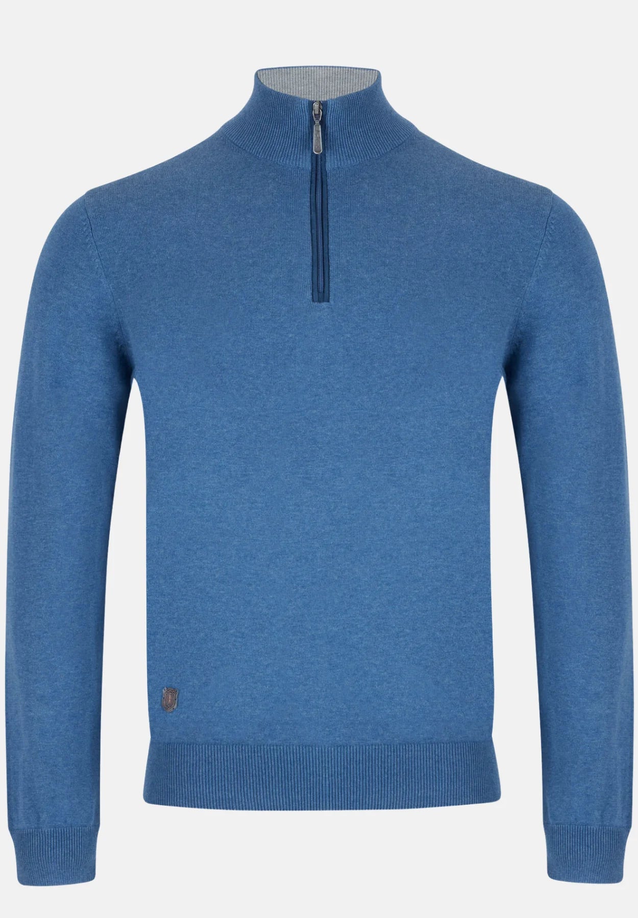 Blue 1/4 zip sweater with a quarter zip on a light gray background