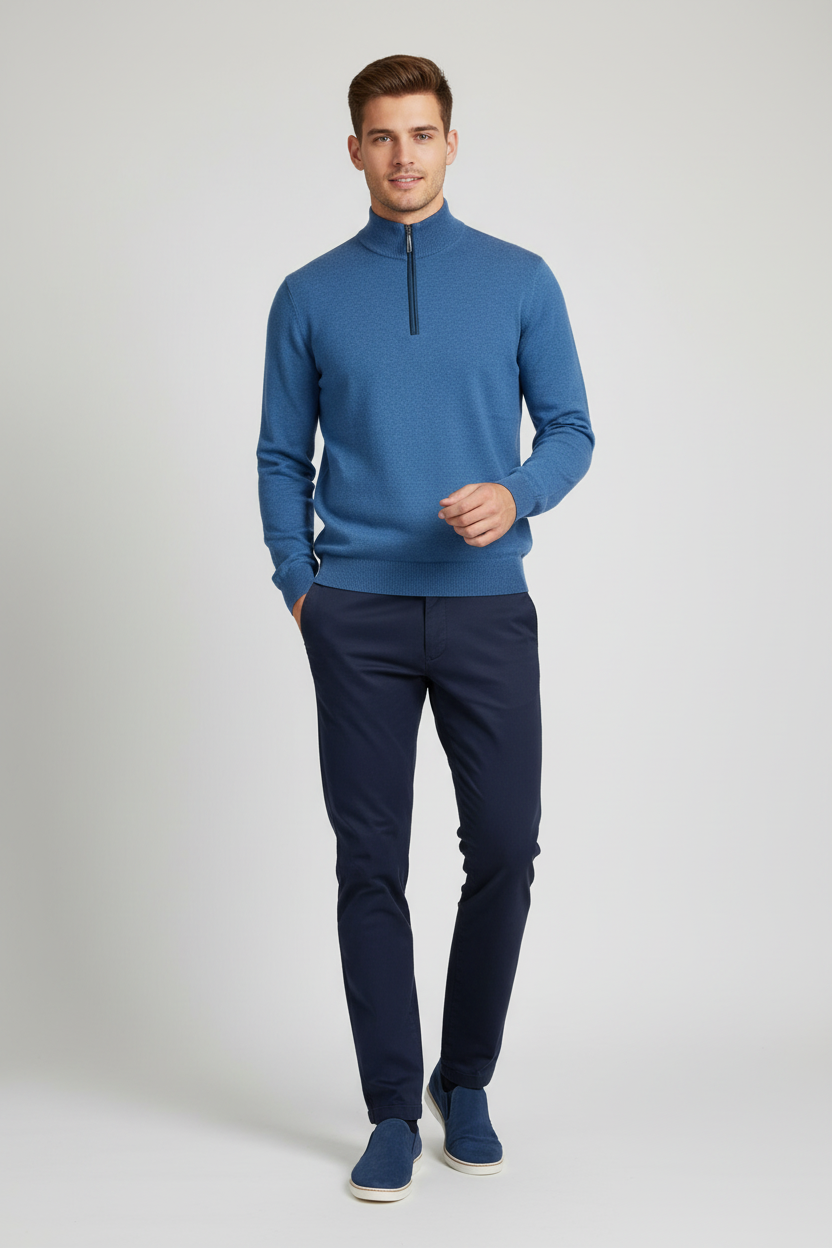 Man wearing a blue 1/4 zip sweater and navy pants on a light gray background