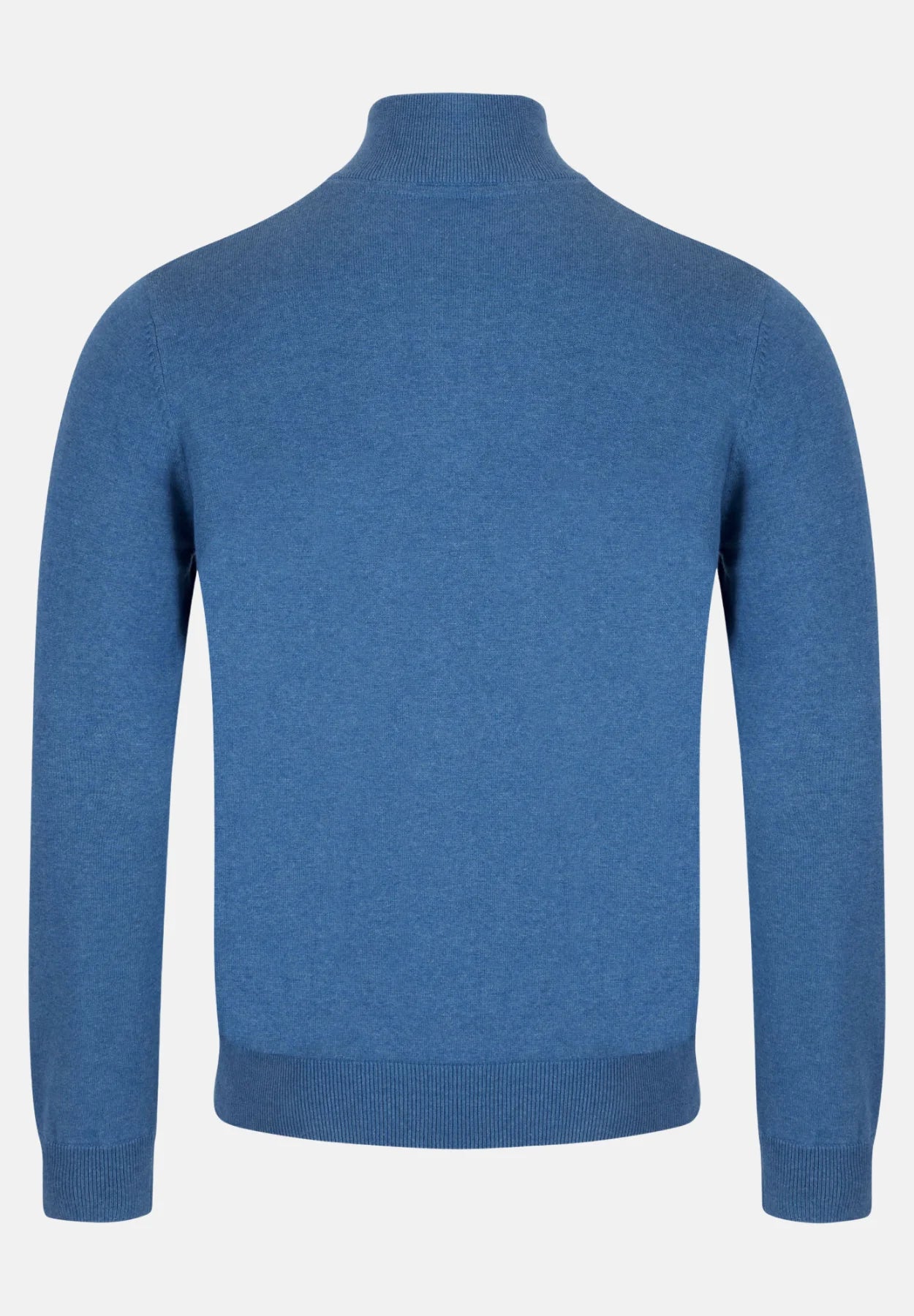 Blue 1/4 zip sweater on a light gray background