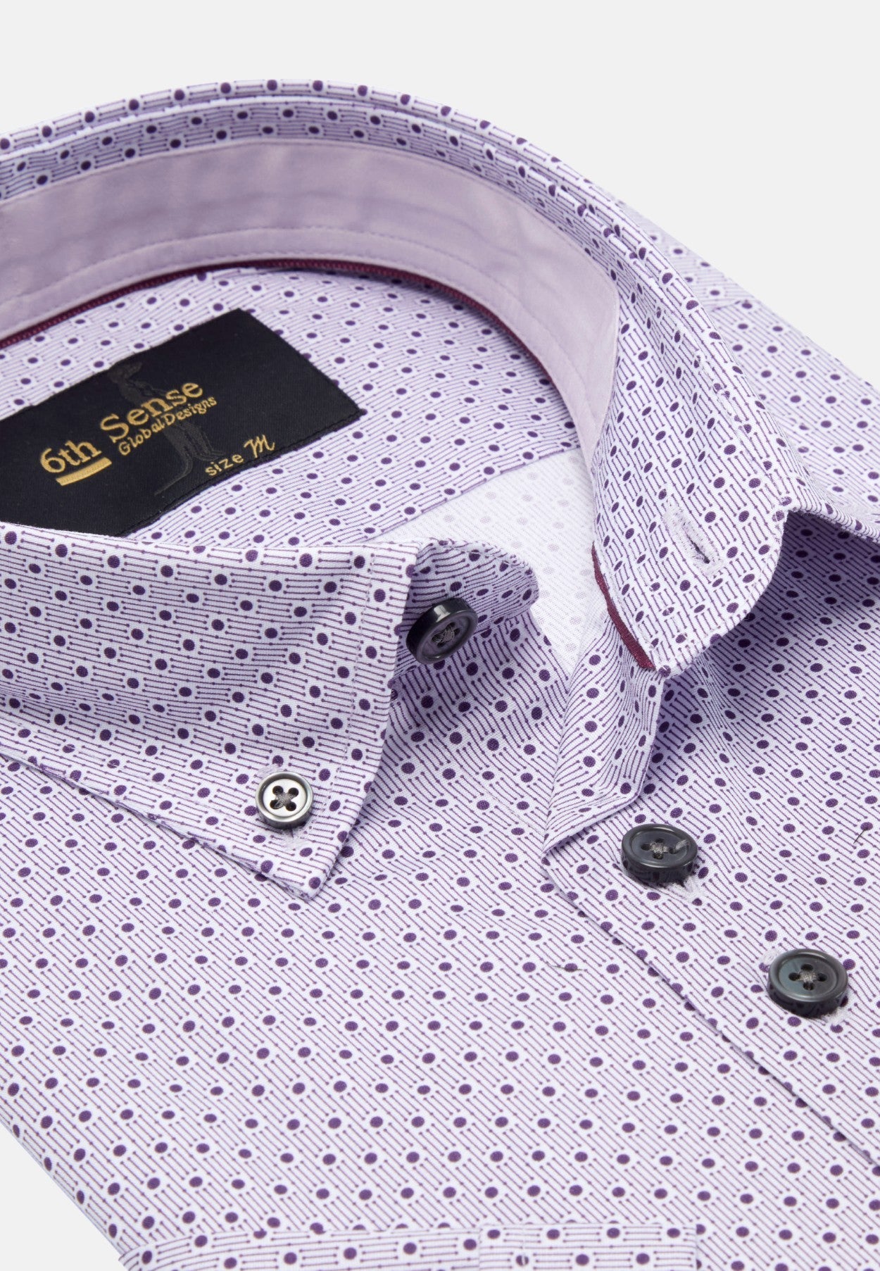 Men's Button Down Pink/Purple Dot Print Shirt-Close Up View