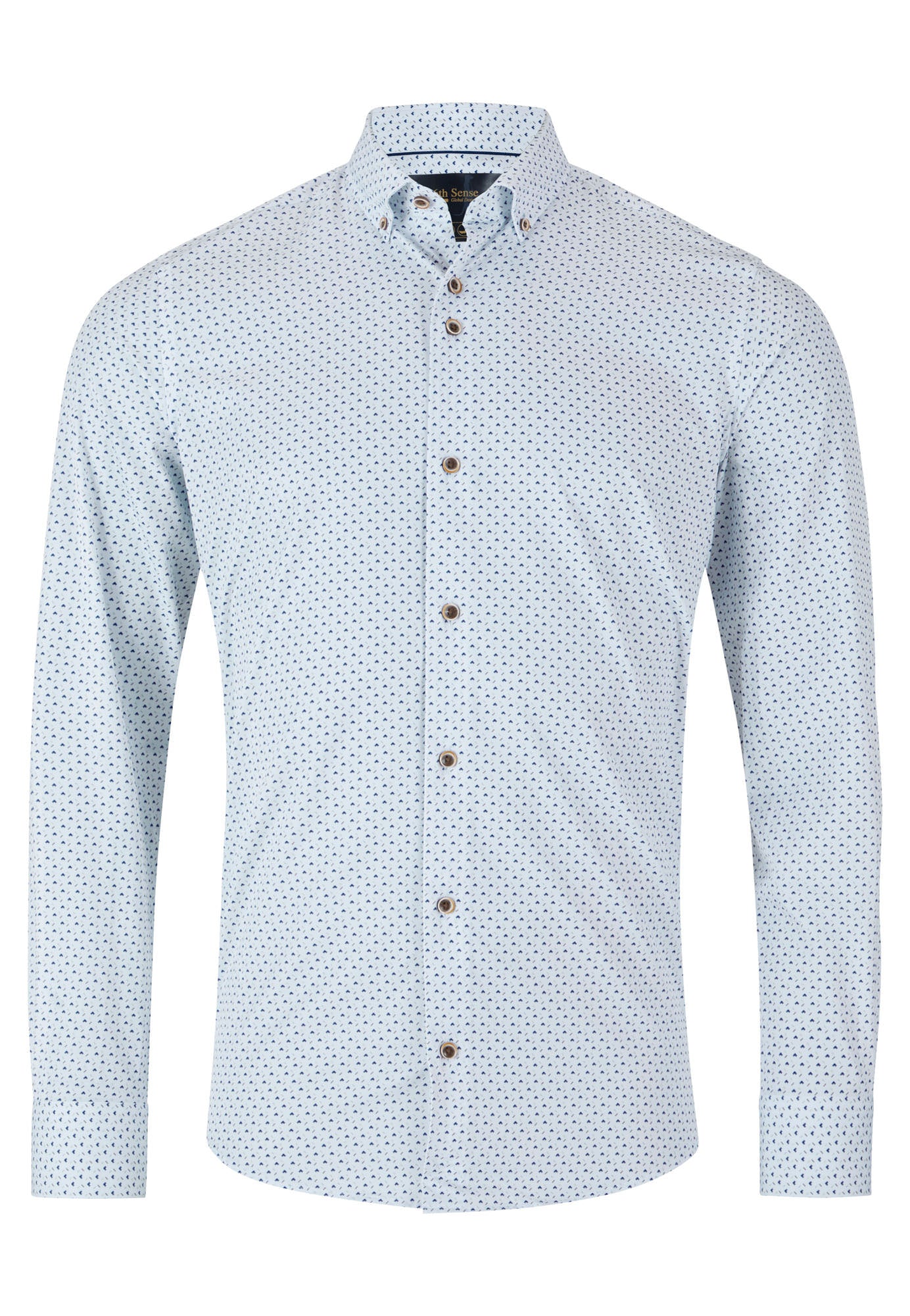 Light blue patterned shirt with brown buttons on a white background