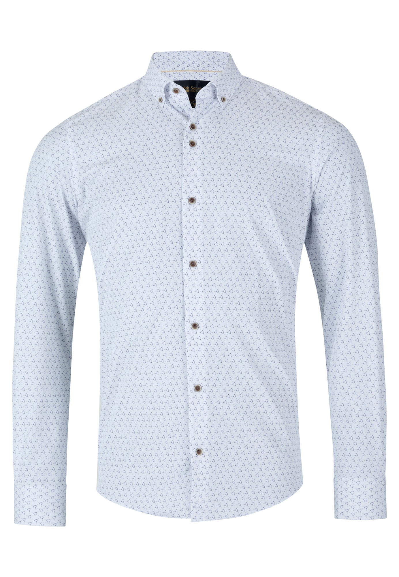 Light blue patterned shirt with brown buttons on a white background