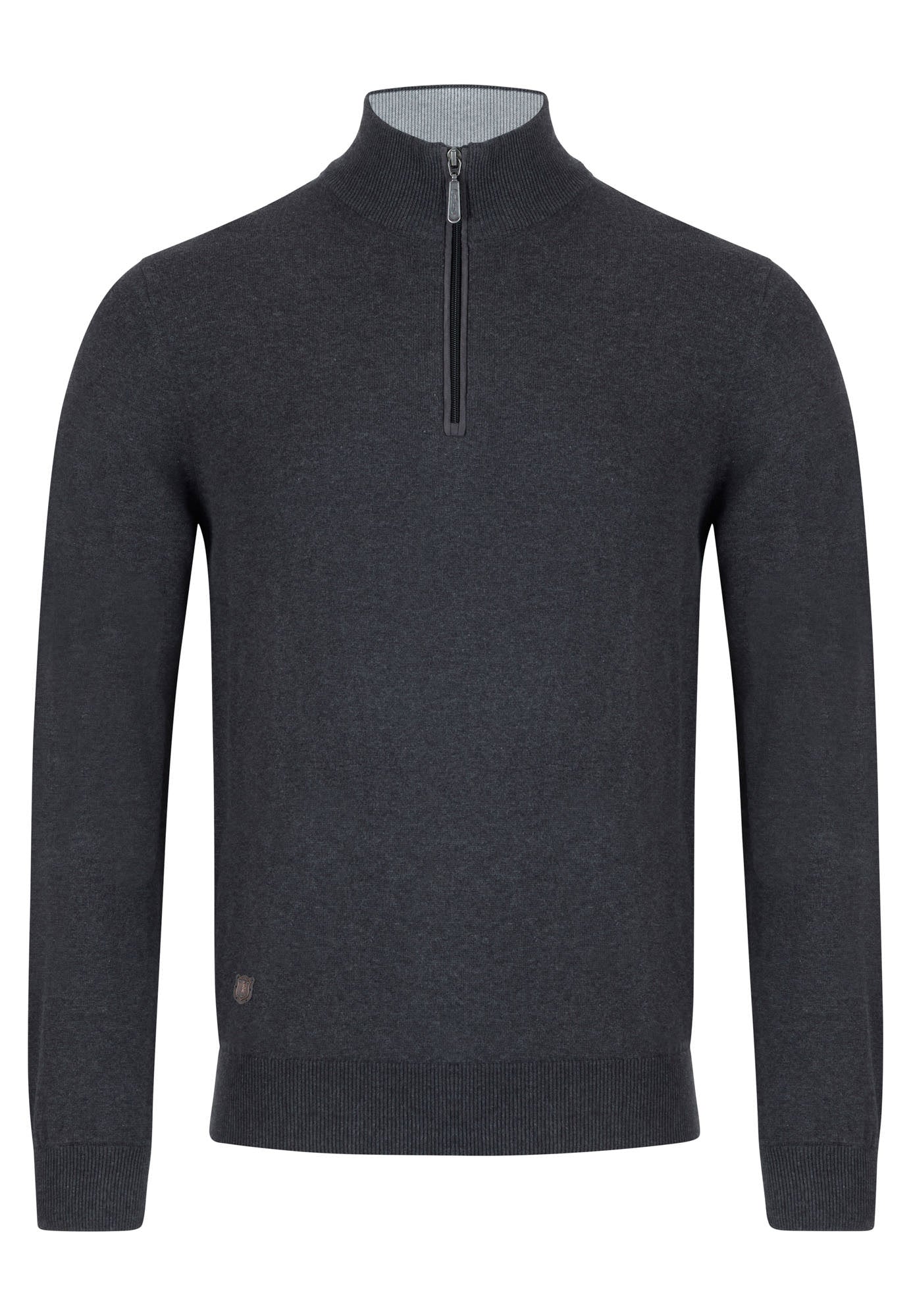 Dark gray sweater with a quarter zip on a white background