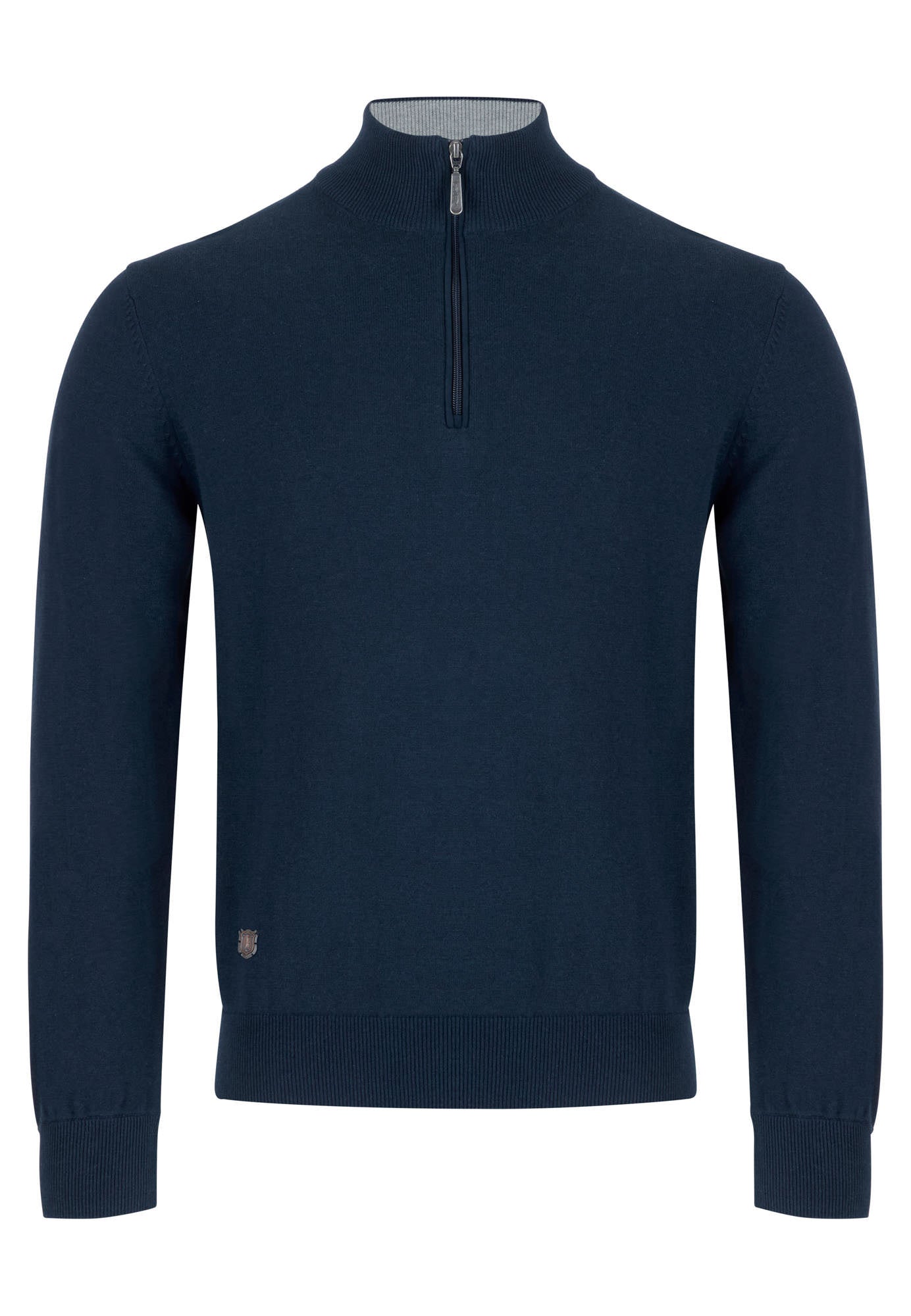 Indigo sweater with a quarter zip on a white background