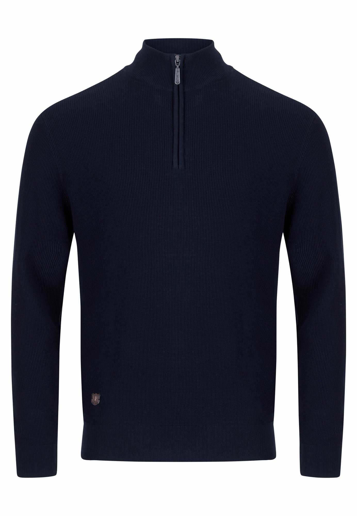 Navy blue half-zip sweater on a white background