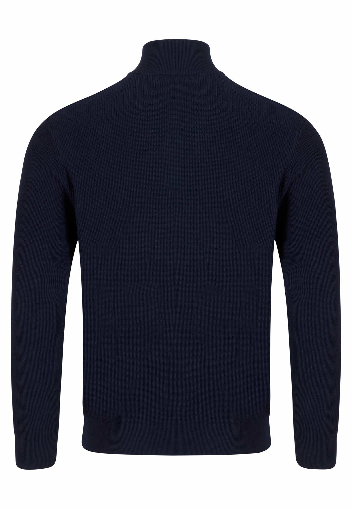 Navy blue half-zip sweater on a white background