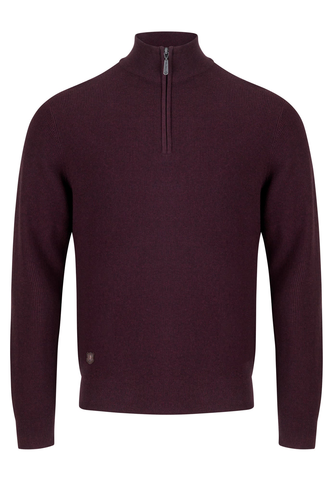 Maroon half-zip sweater on a white background