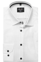 Front view of body fit white tuxedo shirt with black buttons