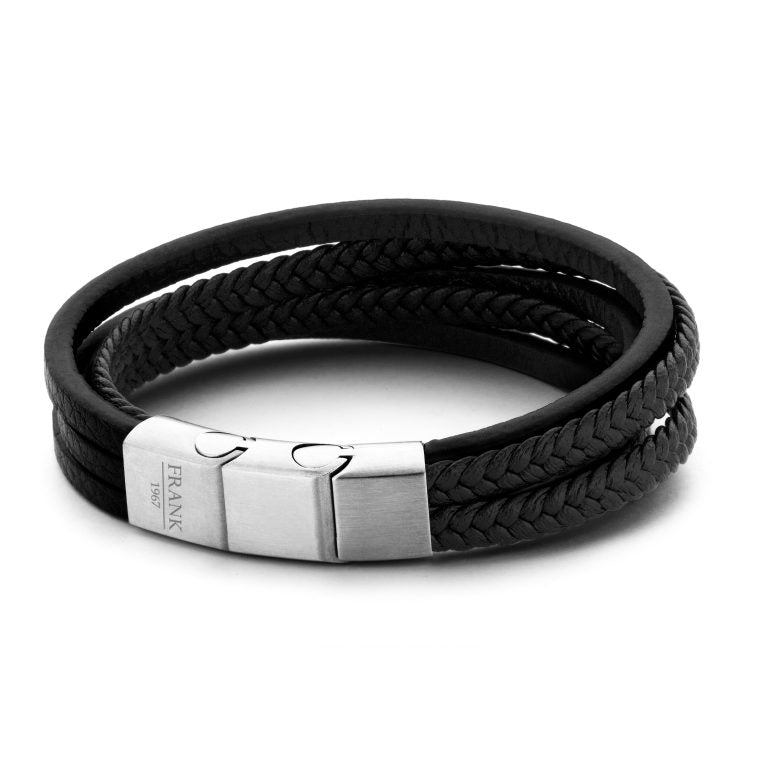 Men's Thick Multi-Strand Leather Bracelet - Black/Silver-Front View