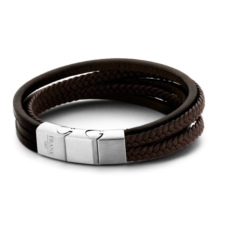 Men's Thick Multi-Strand Leather Bracelet- Brown/Silver-Front View