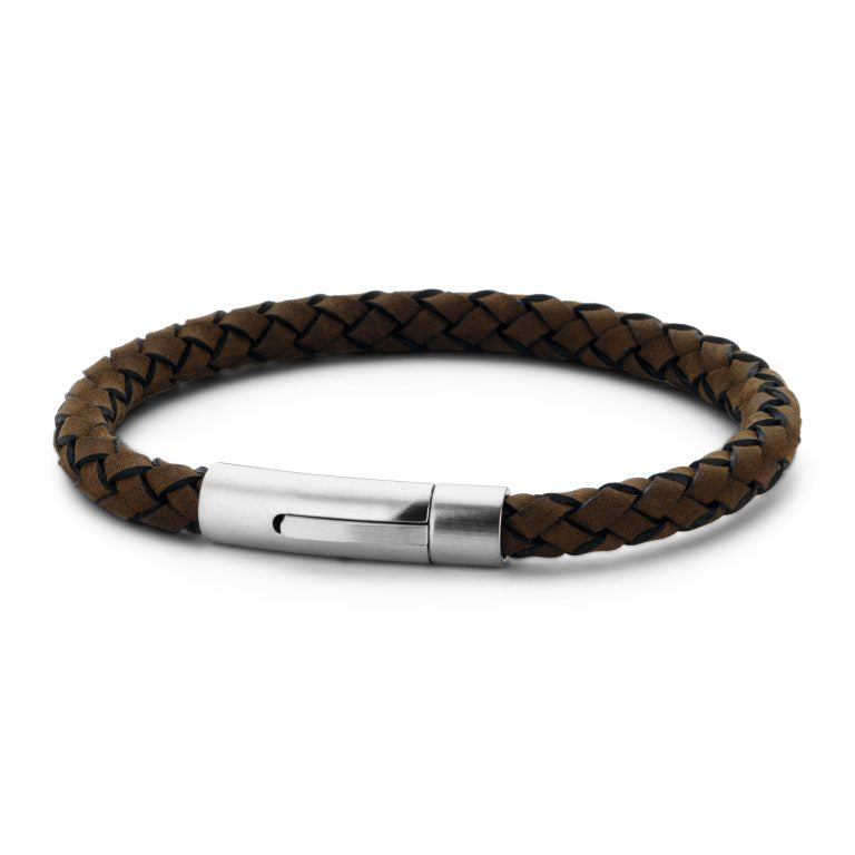 Men's Classic Leather Bracelet- Brown/Silver-Front View